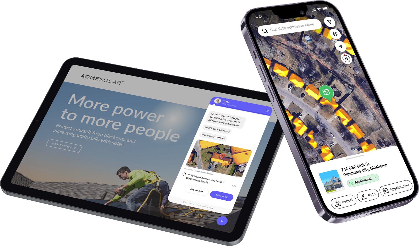 Canvassing app: rep leaderboard, territory map, appointment actions, and personal solar report